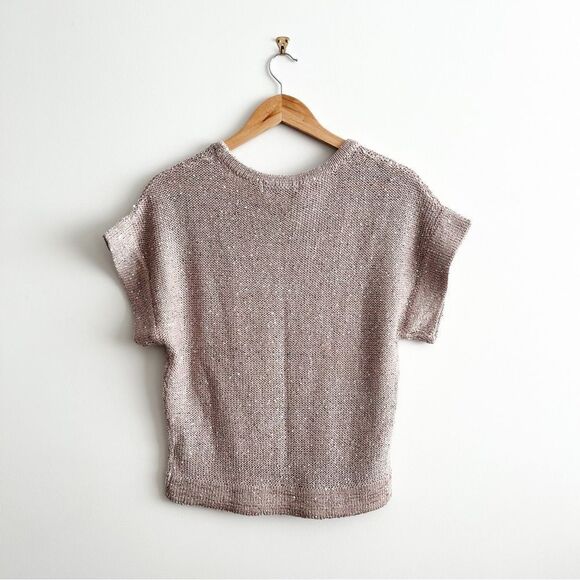 WD.NY Sweater Light Pink Blush Silver Sequin Open Knit Short Sleeve Women's M - Picture 2 of 7